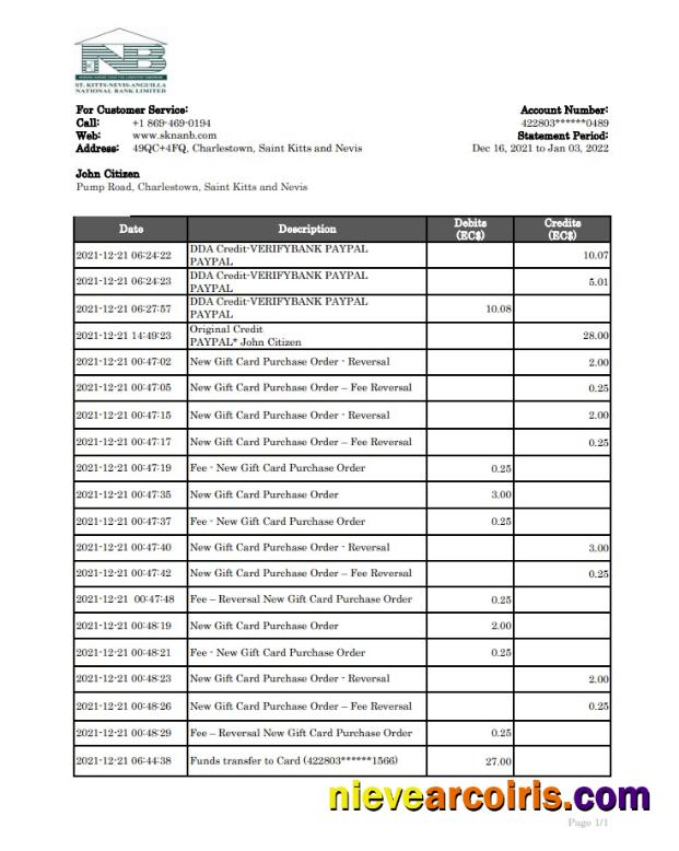 Saint Kitts and Nevis SKNA Bank statement xls